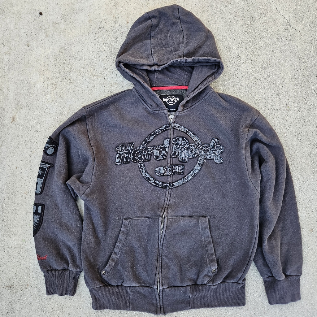 Rare Hard Rock Cafe New York Grey Patches Zip Up Graphic Hoodie Sm Euc Vintage